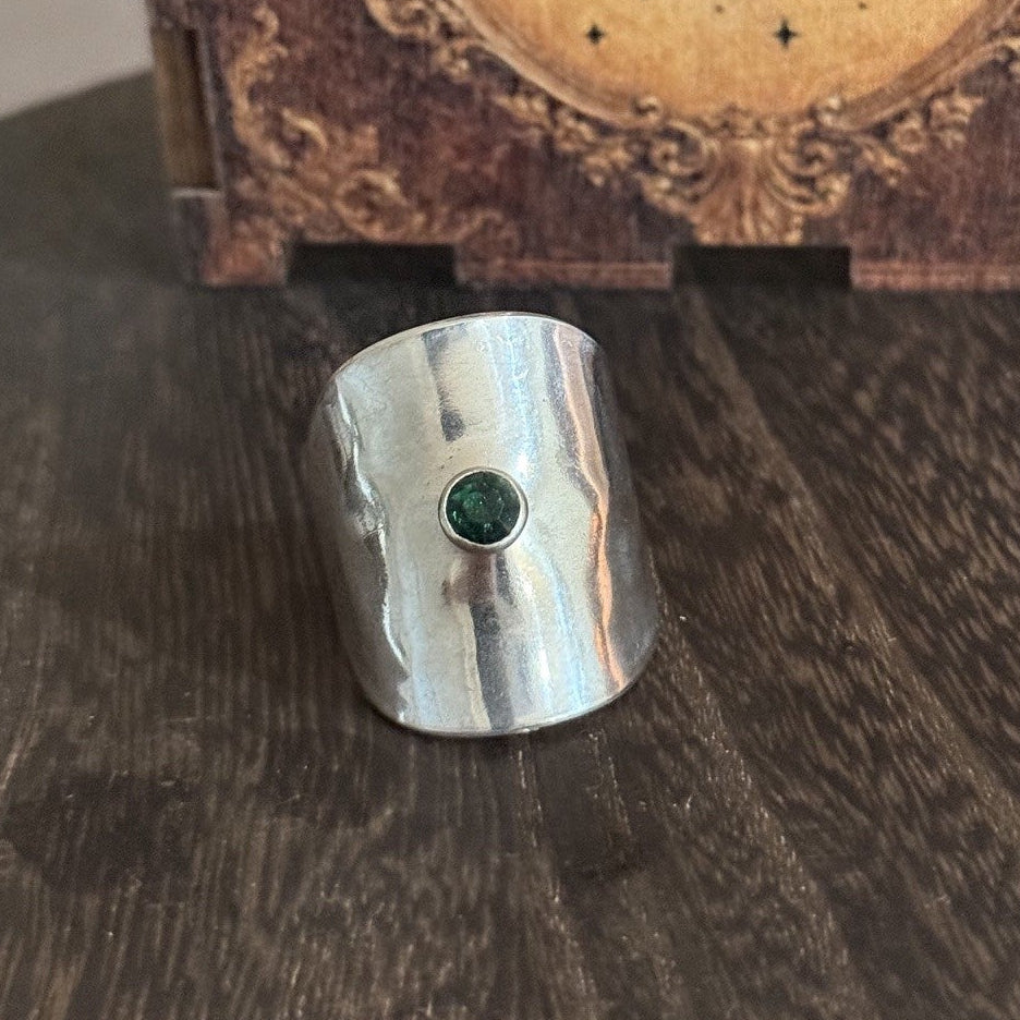 Vintage Spoon Ring with Green Crystal Rivet