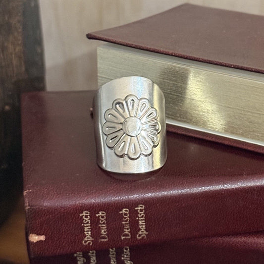 Vintage Spoon Ring with Silver Flower