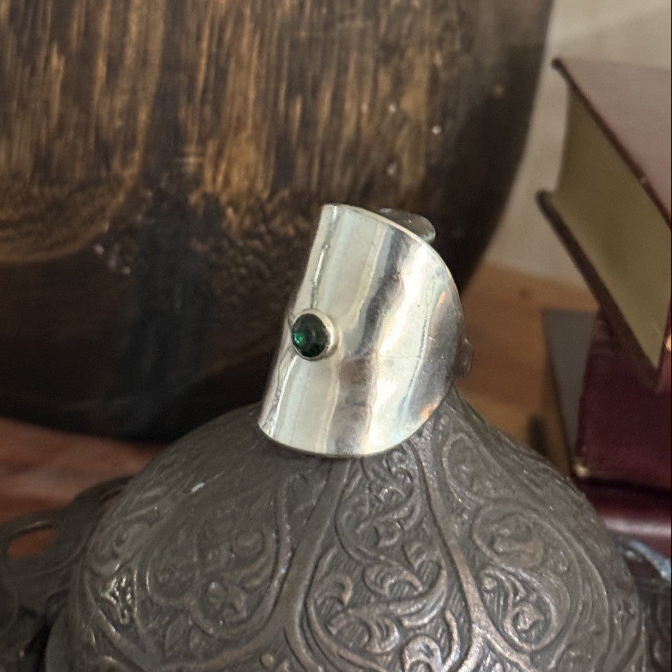 Vintage Spoon Ring with Green Crystal Rivet