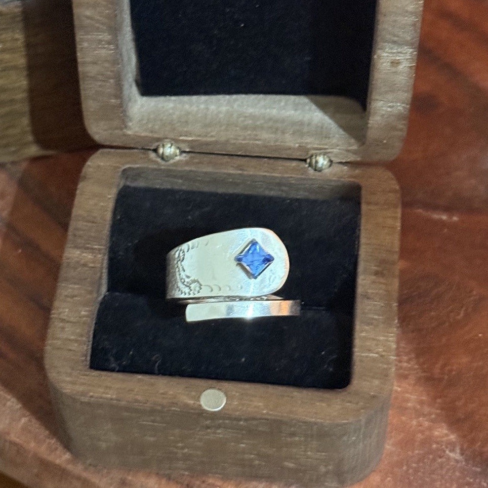 Vintage Spoon Handle Wrap Ring | Blue Crystal | Size L