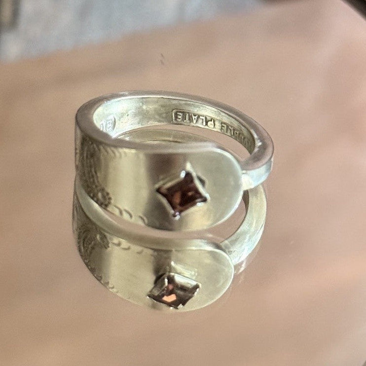 Vintage Spoon Handle Band Ring | Pink Crystal