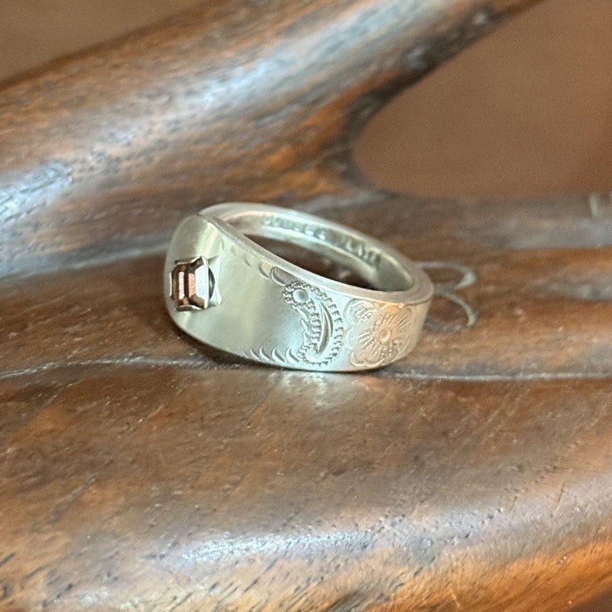 Vintage Spoon Handle Band Ring | Pink Crystal