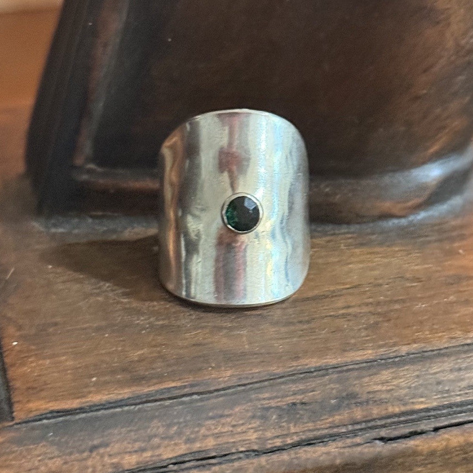 Vintage Spoon Ring with Green Crystal Rivet