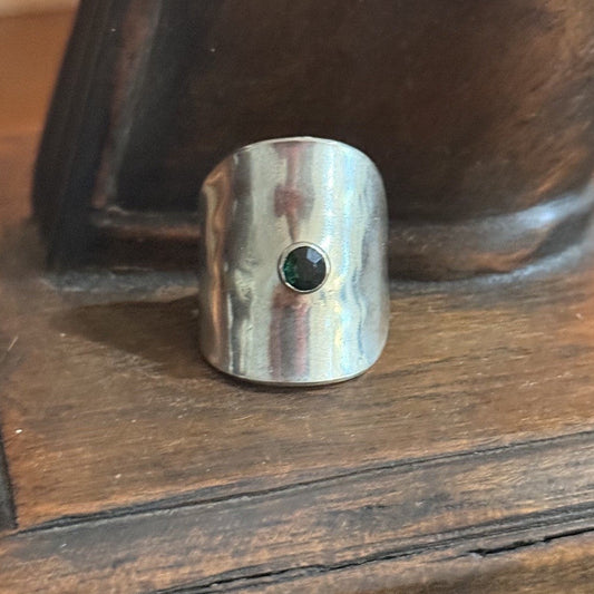 Vintage Spoon Ring with Green Crystal Rivet