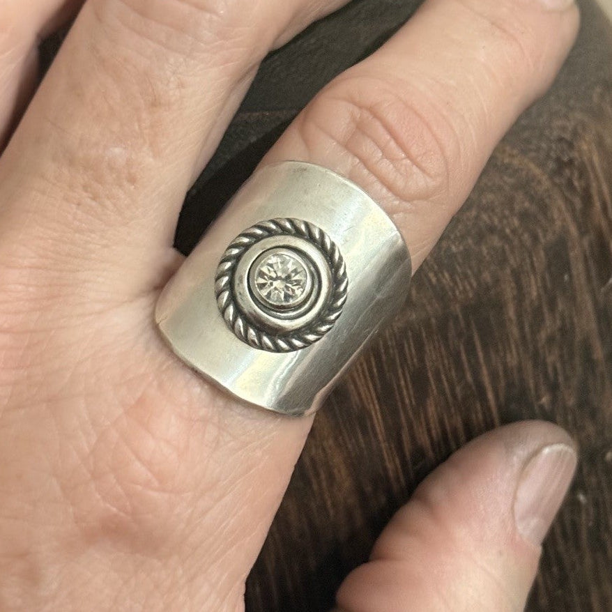Vintage Spoon Bowl Ring with Crystal Rivet