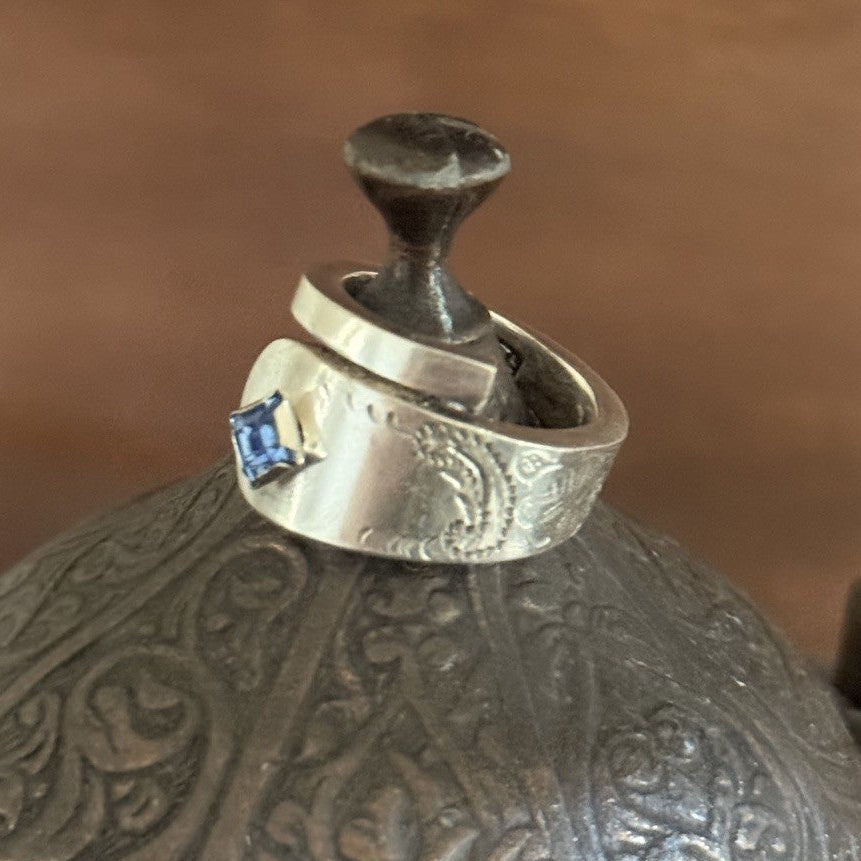 Vintage Spoon Handle Wrap Ring | Blue Crystal | Size L