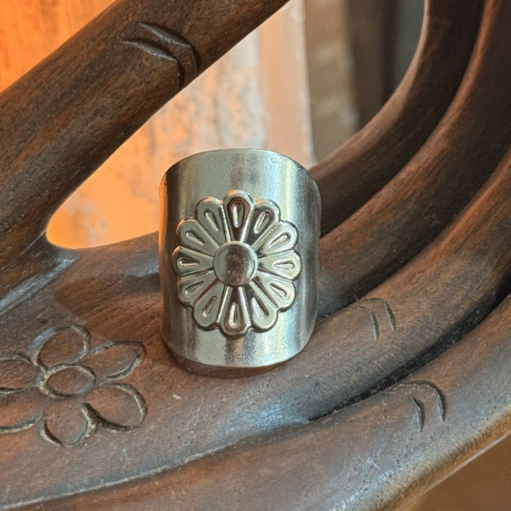 Vintage Spoon Ring with Silver Flower