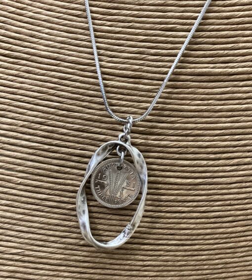 1951 Threepence Hammered Bezel Necklace