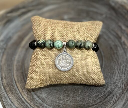 African Turquoise Beaded 1917 Coin Bracelet