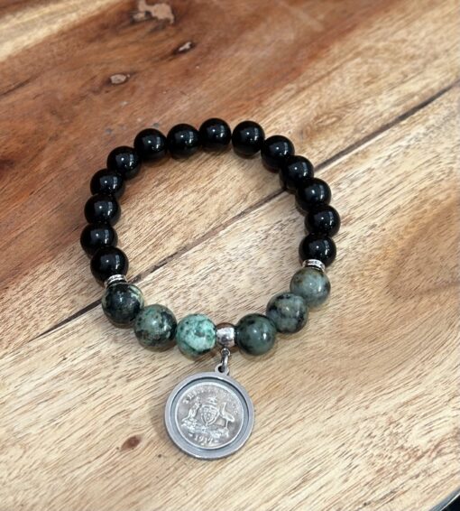 African Turquoise Beaded 1917 Coin Bracelet - Image 2