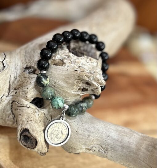 African Turquoise Beaded 1917 Coin Bracelet - Image 3