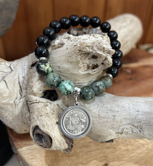 African Turquoise Beaded 1917 Coin Bracelet - Image 4