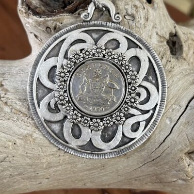 1950 Sixpence Necklace in Flower Alloy Bezel on Celtic Disc Design