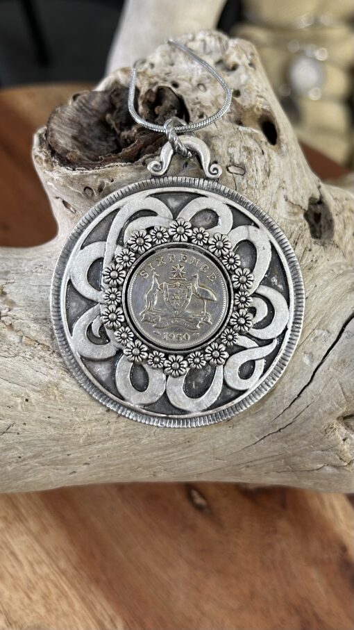 1950 Sixpence Necklace in Flower Alloy Bezel on Celtic Disc Design