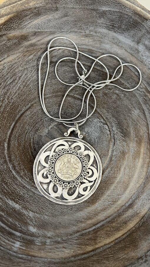 1950 Sixpence Necklace in Flower Alloy Bezel on Celtic Disc Design - Image 2