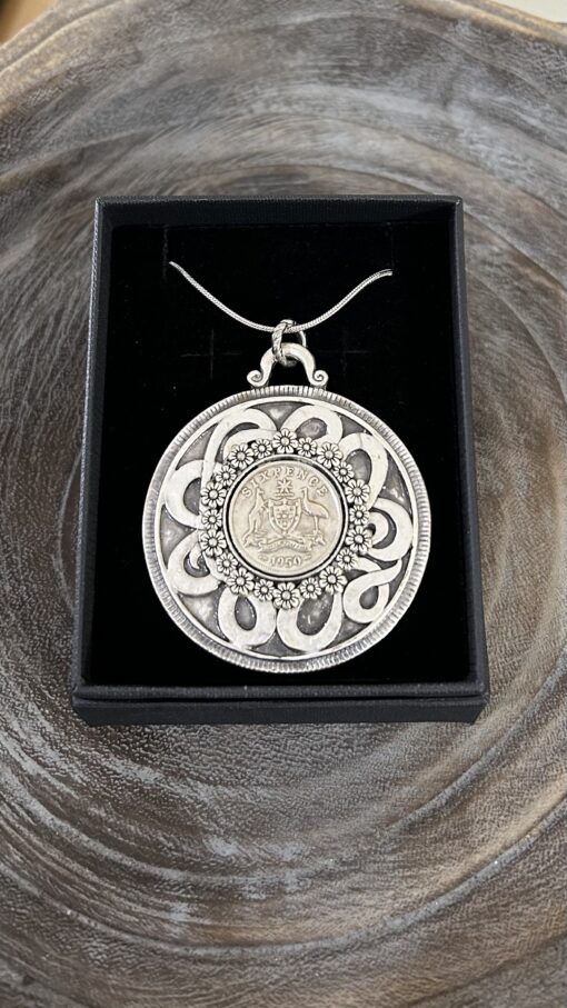 1950 Sixpence Necklace in Flower Alloy Bezel on Celtic Disc Design - Image 3