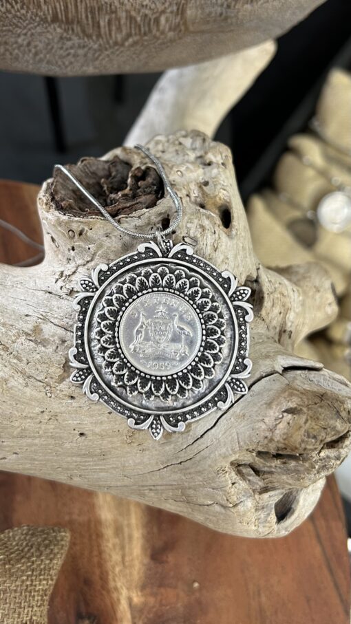 Vintage 1959 Australian Sixpence Coin Necklace in Double Alloy Bezel
