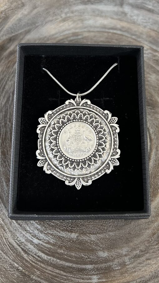Vintage 1959 Australian Sixpence Coin Necklace in Double Alloy Bezel - Image 3