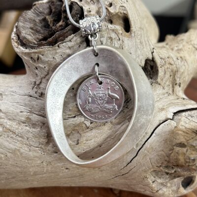1963 Sixpence Coin Necklace: Last Year of Mintage in Organic-Shaped Alloy Surround