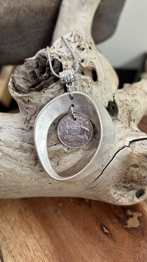 1963 Sixpence Coin Necklace: Last Year of Mintage in Organic-Shaped Alloy Surround