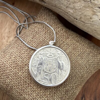 1966 Round Fifty Cent Coin Necklace in Sterling Silver Bezel
