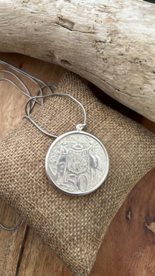 1966 Round Fifty Cent Coin Necklace in Sterling Silver Bezel