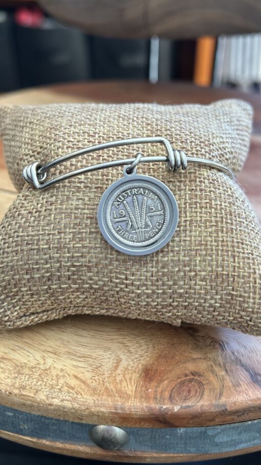 Adjustable Stainless Steel Bangle with 1951 Threepence Charm - Image 3