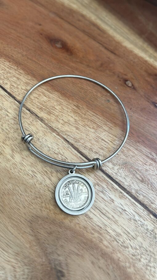 Adjustable Stainless Steel Bangle with 1951 Threepence Charm - Image 4