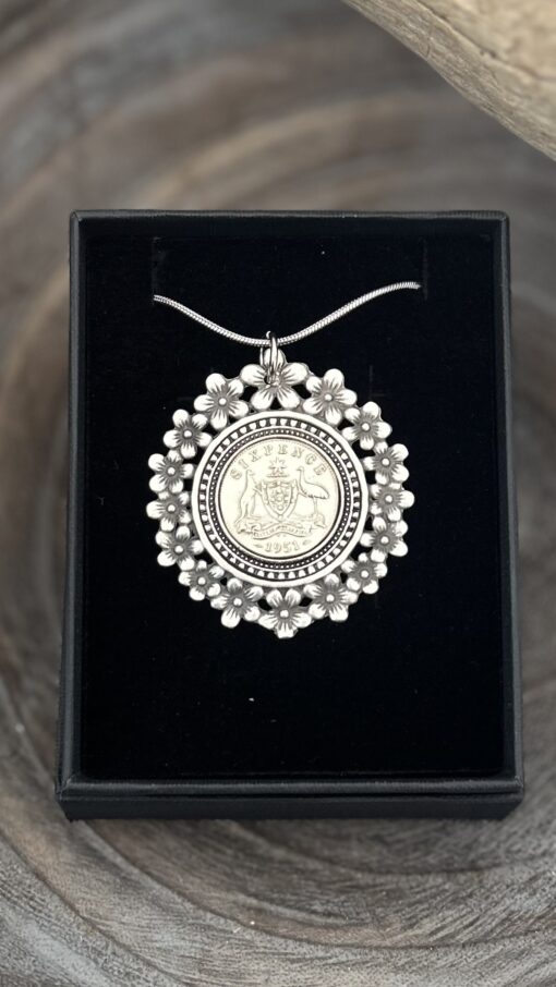 Timeless Elegance: 1951 Australian Sixpence Flower Pendant Necklace