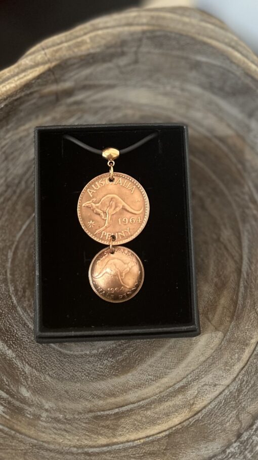 Dual Vintage1964 Australian Copper Penny and Half Penny Necklace