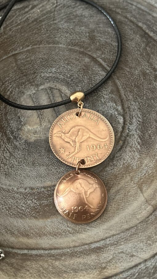Dual Vintage1964 Australian Copper Penny and Half Penny Necklace - Image 2