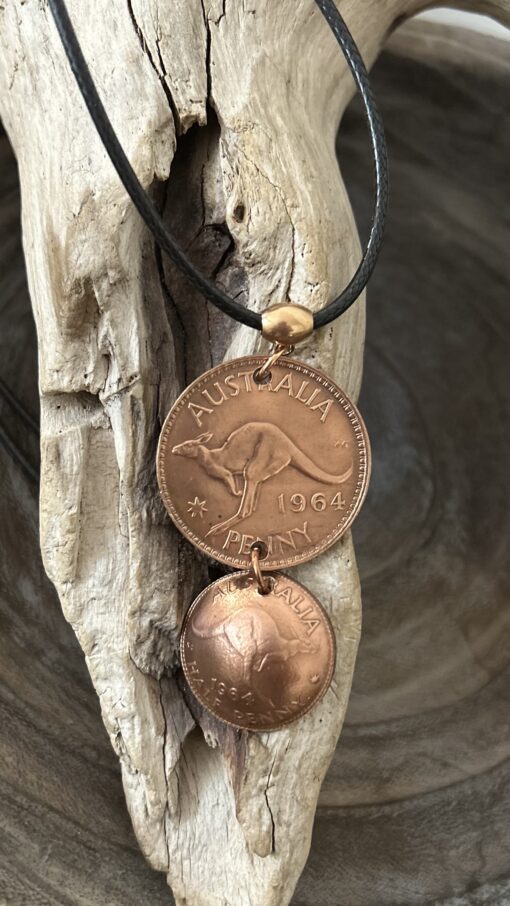 Dual Vintage1964 Australian Copper Penny and Half Penny Necklace - Image 3
